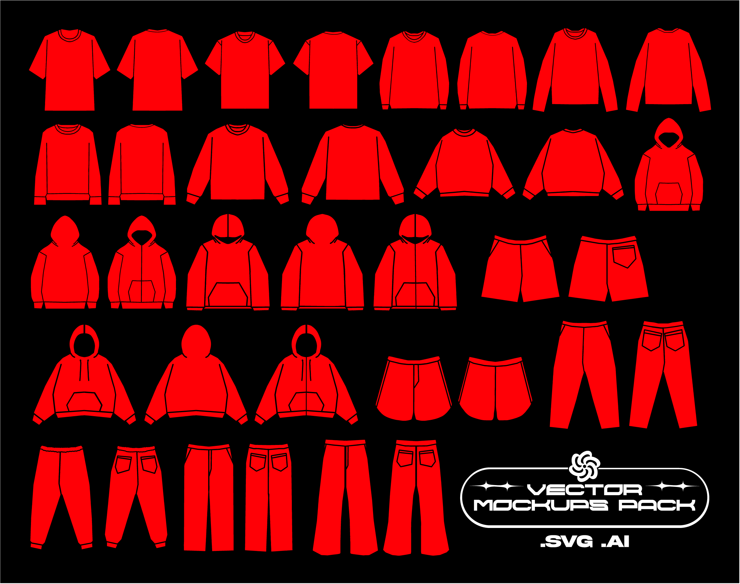 Streetwear Clothing Vector Mockups Pack (8 Colors)