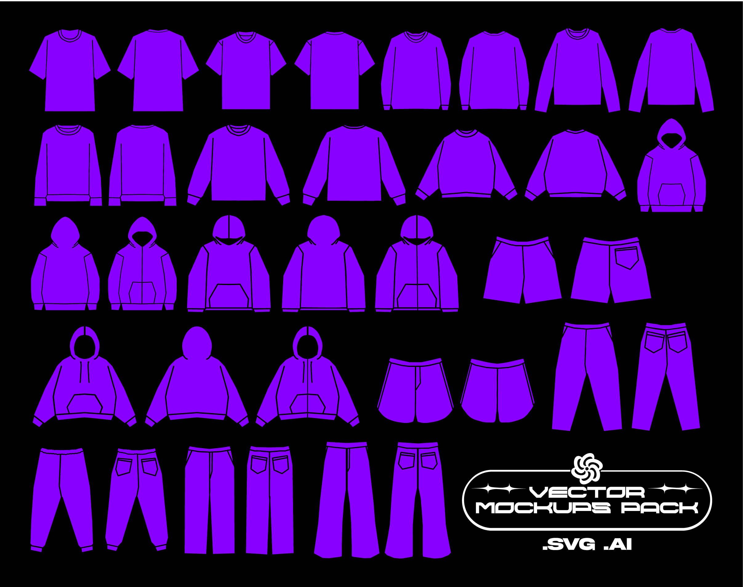 Streetwear Clothing Vector Mockups Pack (8 Colors)