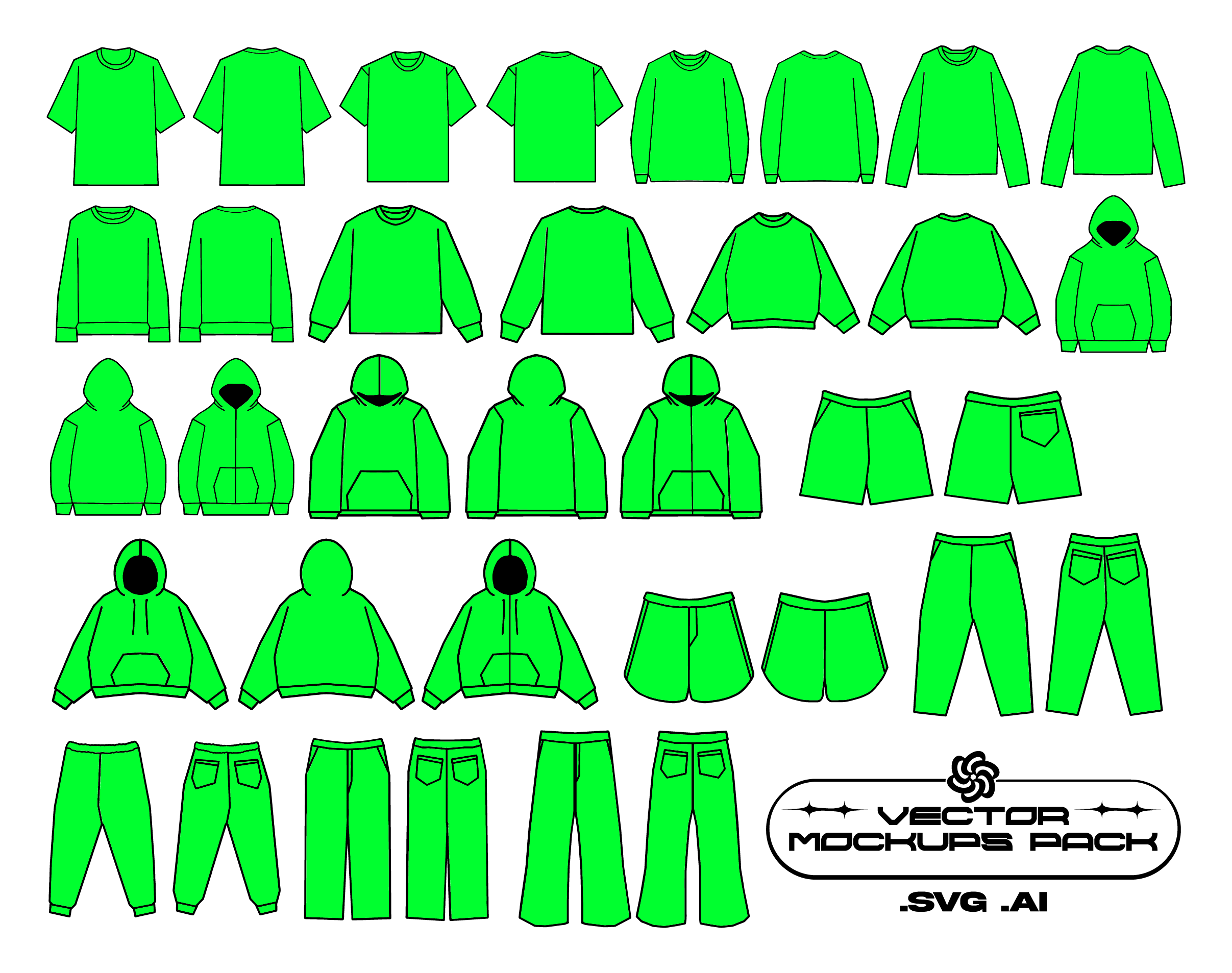 Streetwear Clothing Vector Mockups Pack (8 Colors)