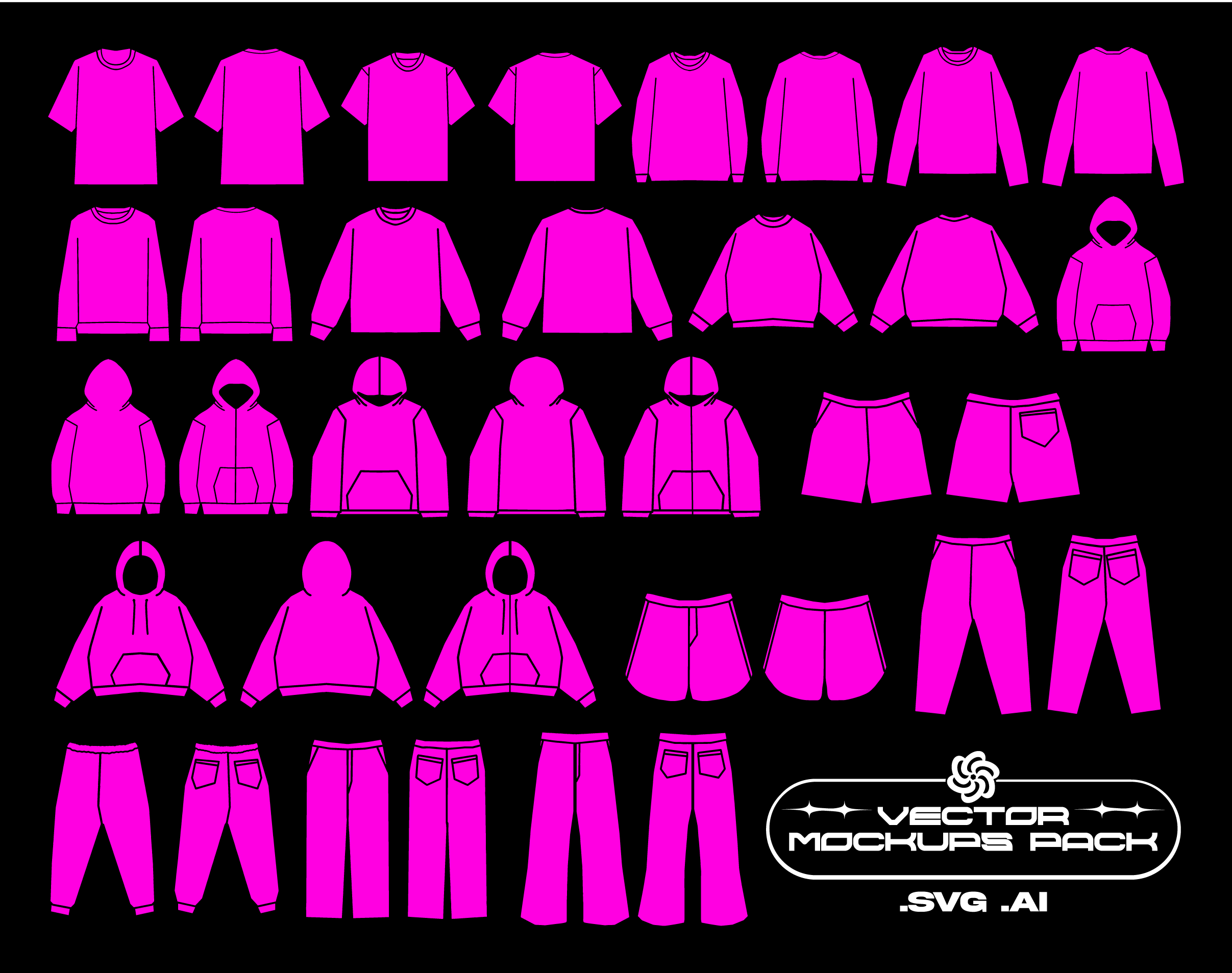 Streetwear Clothing Vector Mockups Pack (8 Colors)