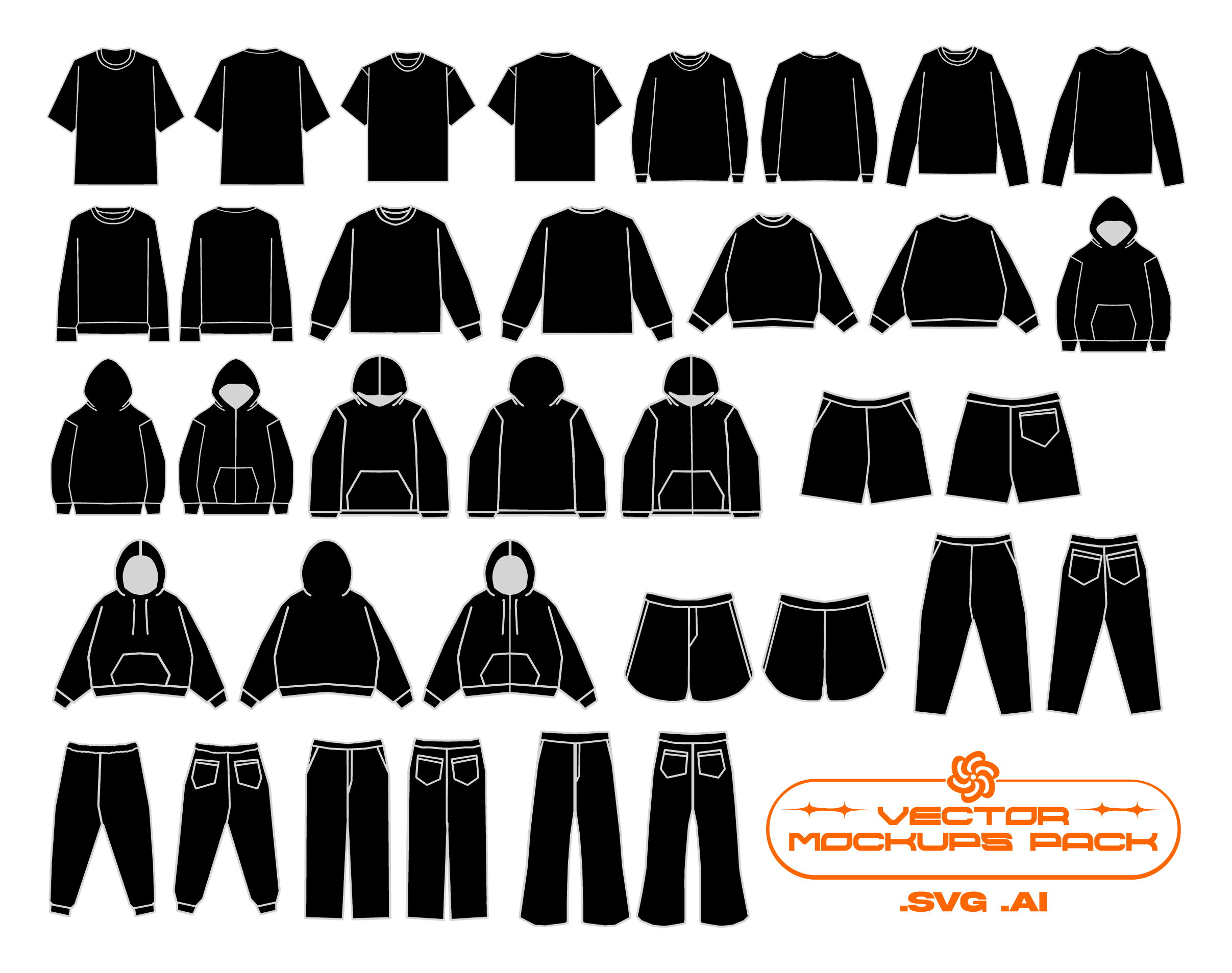 Streetwear Clothing Vector Mockups Pack (8 Colors)